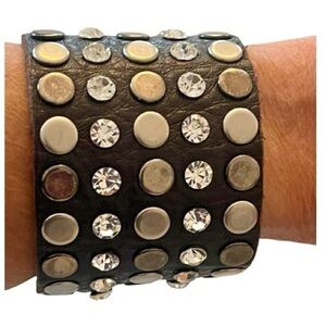 Leather Crystal and Stud 8” Adjustable Bracelet